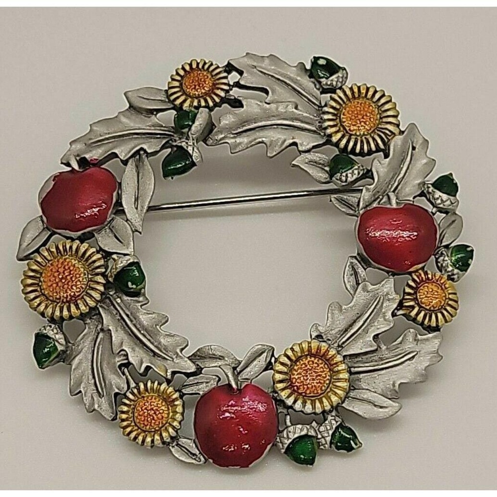 Vintage enamel JJ Jonette Autumn wreath w/ leaves apples‎ sunflowers brooch pin